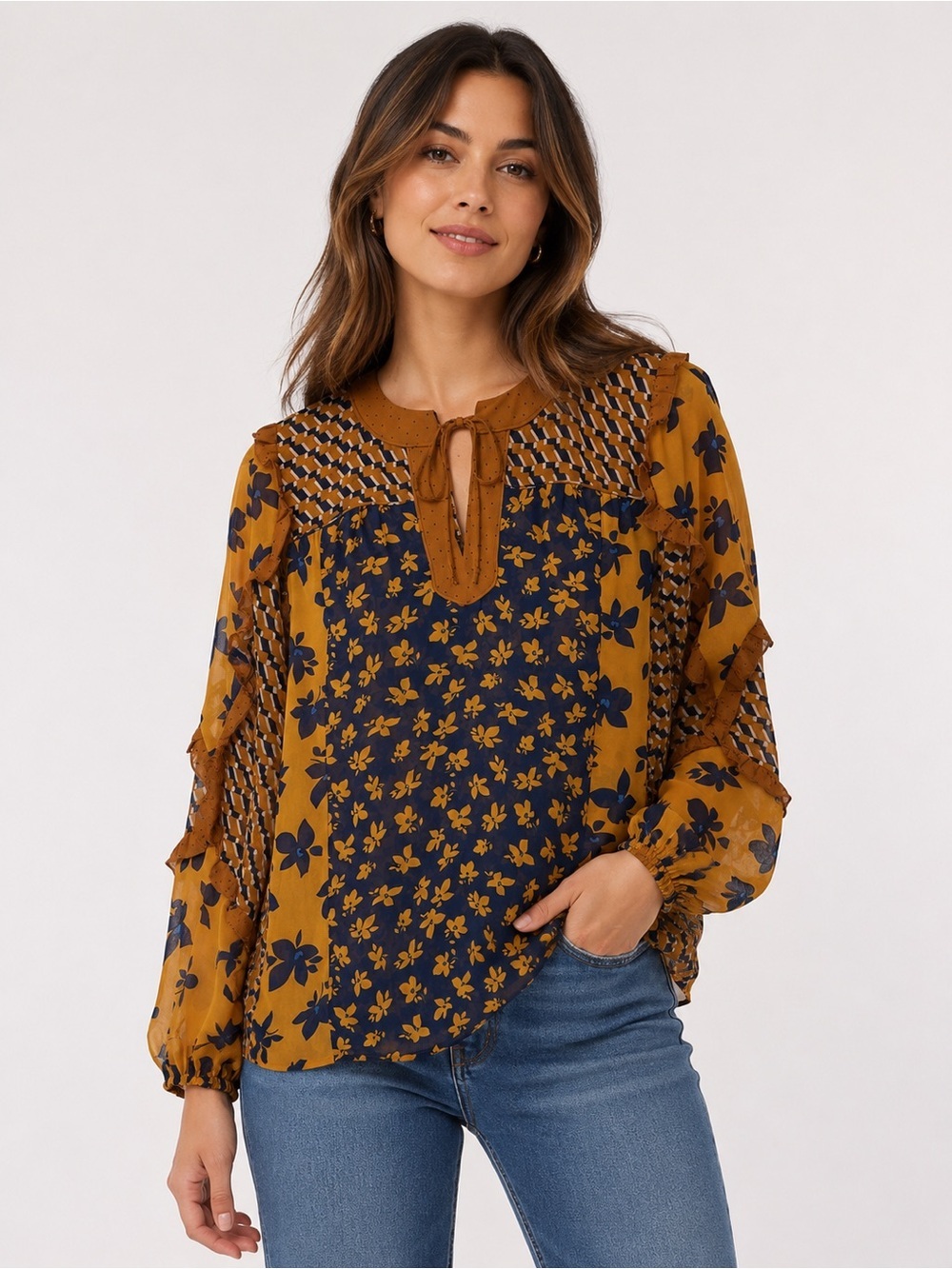 CAbi XS Mustard Blue Floral Boho Blouse Ruffle Sleeve Tie Neck Sheer Peasant Top